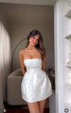 Simple A line Strapless White Satin Homecoming Dress Summer Hoco Dresses Cocktail Dress HZ1214