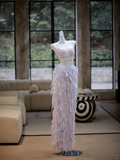 Gorgeous Mermaid Strapless Blue Sequin Long Prom Dress Party Dress Graduation Dresses With Feathers HZ1214