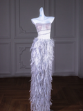 Gorgeous Mermaid Strapless Blue Sequin Long Prom Dress Party Dress Graduation Dresses With Feathers HZ1214