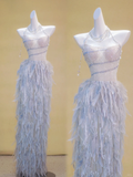 Gorgeous Mermaid Strapless Blue Sequin Long Prom Dress Party Dress Graduation Dresses With Feathers HZ1214