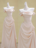 Simple A line Off The Shoulder Light Pink Satin Prom Dresses Formal Summer Wedding Guest Dresses Wedding Guest Outfits HZ1214