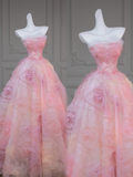 Gorgeous Ball Gown Strapless Light Pink Floral Tulle Long Prom Dress Party Dress Graduation Dresses HZ1214