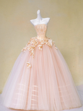 Pretty Wedding Dress Ball Gown Strapless Pink Tulle Floral Long Wedding Dresses Bridal Gowns HZ1214