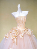 Pretty Wedding Dress Ball Gown Strapless Pink Tulle Floral Long Wedding Dresses Bridal Gowns HZ1214
