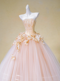 Pretty Wedding Dress Ball Gown Strapless Pink Tulle Floral Long Wedding Dresses Bridal Gowns HZ1214