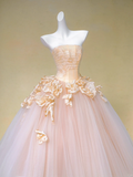 Pretty Wedding Dress Ball Gown Strapless Pink Tulle Floral Long Wedding Dresses Bridal Gowns HZ1214