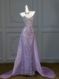 Gorgeous Mermaid Sweetheart Lilac Slit Sequin Long Prom Dress Party Dress Graduation Dresses With Cape HZ1214