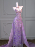 Gorgeous Mermaid Sweetheart Lilac Slit Sequin Long Prom Dress Party Dress Graduation Dresses With Cape HZ1214