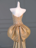 Gorgeous Mermaid Sweetheart Gold Sequin Long Prom Dress Party Dress Graduation Dresses With Bow-knot HZ1214