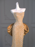 Gorgeous Mermaid Sweetheart Gold Sequin Long Prom Dress Party Dress Graduation Dresses With Bow-knot HZ1214