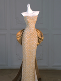 Gorgeous Mermaid Sweetheart Gold Sequin Long Prom Dress Party Dress Graduation Dresses With Bow-knot HZ1214