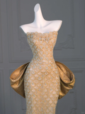 Gorgeous Mermaid Sweetheart Gold Sequin Long Prom Dress Party Dress Graduation Dresses With Bow-knot HZ1214