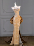 Gorgeous Mermaid Sweetheart Gold Sequin Long Prom Dress Party Dress Graduation Dresses With Bow-knot HZ1214
