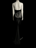 Vintage Mermaid Halter Black Satin Long Evening Party Gowns Evening Formal Dresses Prom Dress HZ1214