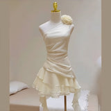 Cute A line One Shoulder White Chiffon Summer Homecoming Dress Hoco Dress Mini 16th Birthday Outfit Cocktail Dresses HZ1214