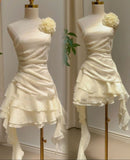 Cute A line One Shoulder White Chiffon Summer Homecoming Dress Hoco Dress Mini 16th Birthday Outfit Cocktail Dresses HZ1214