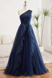 Gorgeous Ball Gown One Shoulder Navy Blue Tulle Party Prom Dresses Formal Summer Wedding Guest Dresses Wedding Guest Outfits HZ1214