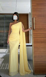 Gorgeous Mermaid One Shoulder Yellow Chiffon Party Prom Dresses Formal Summer Wedding Guest Dresses Wedding Guest Outfits HZ1214