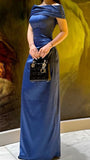 Elegant Sheath Off The Shoulder Navy Blue Satin Prom Dresses Formal Summer Wedding Guest Dresses Wedding Guest Outfits HZ1214