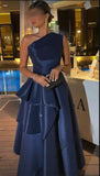 Pretty A line One Shoulder Navy Blue Satin Party Dresses Formal Summer Wedding Guest Dresses Wedding Guest Outfits HZ1214
