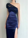 Elegant Sheath One Shoulder Navy Blue Slit Satin Prom Dresses Formal Summer Wedding Guest Dresses Wedding Guest Outfits HZ1214