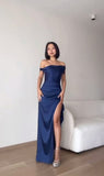 Pretty Mermaid Off The Shoulder Navy Blue Split Evening Party Dresses Formal Summer Wedding Guest Dresses Wedding Guest Outfits HZ1214