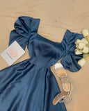 Gorgeous A line Square Neck Satin Navy Blue Evening Dress Prom Dresses Formal Summer Wedding Guest Dresses Wedding Guest Outfits HZ1214