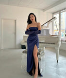 Pretty Mermaid Strapless Navy Blue Slit Evening Party Dresses Formal Summer Wedding Guest Dresses With Gloves Wedding Guest Outfits HZ1214