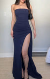 Pretty Mermaid Strapless Navy Blue Slit Evening Dresses Formal Summer Wedding Guest Dresses Wedding Guest Outfits HZ1214