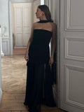 Simple A line Strapless Black Satin Prom Dresses With Scarf Formal Summer Wedding Guest Dresses Wedding Guest Outfits HZ1214