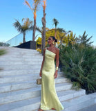 Simple Sheath One Shoulder Backless Yellow Prom Dresses Formal Summer Wedding Guest Dresses Wedding Guest Outfits HZ1214