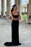 Simple Sheath Square Neck Black Evening Dresses Formal Summer Wedding Guest Dresses Wedding Guest Outfits HZ1214