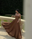 Simple A line Strapless Brown Prom Dresses Formal Summer Wedding Guest Dresses Wedding Guest Outfits HZ1214