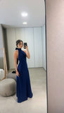 Sexy A line High Neck Royal Blue Satin Prom Dresses Formal Summer Wedding Guest Dress Wedding Guest Outfits HZ1214