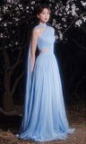 Classy A line One Shoulder Blue Chiffon Prom Dresses Formal Summer Wedding Guest Dresses Wedding Guest Outfit HZ1214