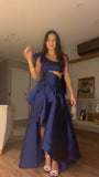 Classy High Low One Shoulder Blue Prom Dresses Formal Summer Wedding Guest Dresses Wedding Guest Outfit HZ1214