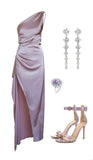Trendy A line One Shoulder Pink Slit Prom Dresses Formal Summer Wedding Guest Dresses Wedding Guest Outfit HZ1214