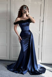 Sexy Mermaid Off The Shoulder Navy Blue Satin Prom Dresses Formal Summer Wedding Guest Dresses Wedding Guest Outfits HZ1214