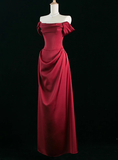 Elegant A line Off The Shoulder Burgundy Satin Prom Dresses Formal Summer Wedding Guest Dresses Wedding Guest Outfits HZ1214