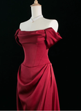 Elegant A line Off The Shoulder Burgundy Satin Prom Dresses Formal Summer Wedding Guest Dresses Wedding Guest Outfits HZ1214