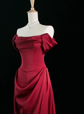 Elegant A line Off The Shoulder Burgundy Satin Prom Dresses Formal Summer Wedding Guest Dresses Wedding Guest Outfits HZ1214