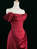 Elegant A line Off The Shoulder Burgundy Satin Prom Dresses Formal Summer Wedding Guest Dresses Wedding Guest Outfits HZ1214