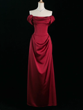 Elegant A line Off The Shoulder Burgundy Satin Prom Dresses Formal Summer Wedding Guest Dresses Wedding Guest Outfits HZ1214