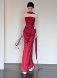 Gorgeous Sheath Strapless Burgundy Satin Prom Dresses Formal Summer Wedding Guest Dresses Wedding Guest Outfits With Scarf HZ1214