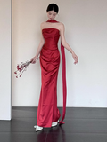 Gorgeous Sheath Strapless Burgundy Satin Prom Dresses Formal Summer Wedding Guest Dresses Wedding Guest Outfits With Scarf HZ1214