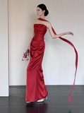Gorgeous Sheath Strapless Burgundy Satin Prom Dresses Formal Summer Wedding Guest Dresses Wedding Guest Outfits With Scarf HZ1214