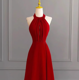 Classy A line Halter Sleeveless Satin Prom Dresses Red Summer Wedding Guest Dresses Wedding Guest Outfits HZ1214