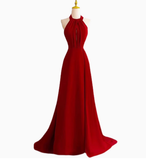 Classy A line Halter Sleeveless Satin Prom Dresses Red Summer Wedding Guest Dresses Wedding Guest Outfits HZ1214