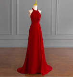 Classy A line Halter Sleeveless Satin Prom Dresses Red Summer Wedding Guest Dresses Wedding Guest Outfits HZ1214