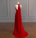 Classy A line Halter Sleeveless Satin Prom Dresses Red Summer Wedding Guest Dresses Wedding Guest Outfits HZ1214